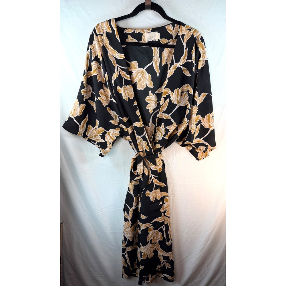 Maison Du Soir Floral Wrap Robe Black Gold Kimono Sleeve L/XL